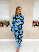 Abstract Floral Print Midi Dress In Blue