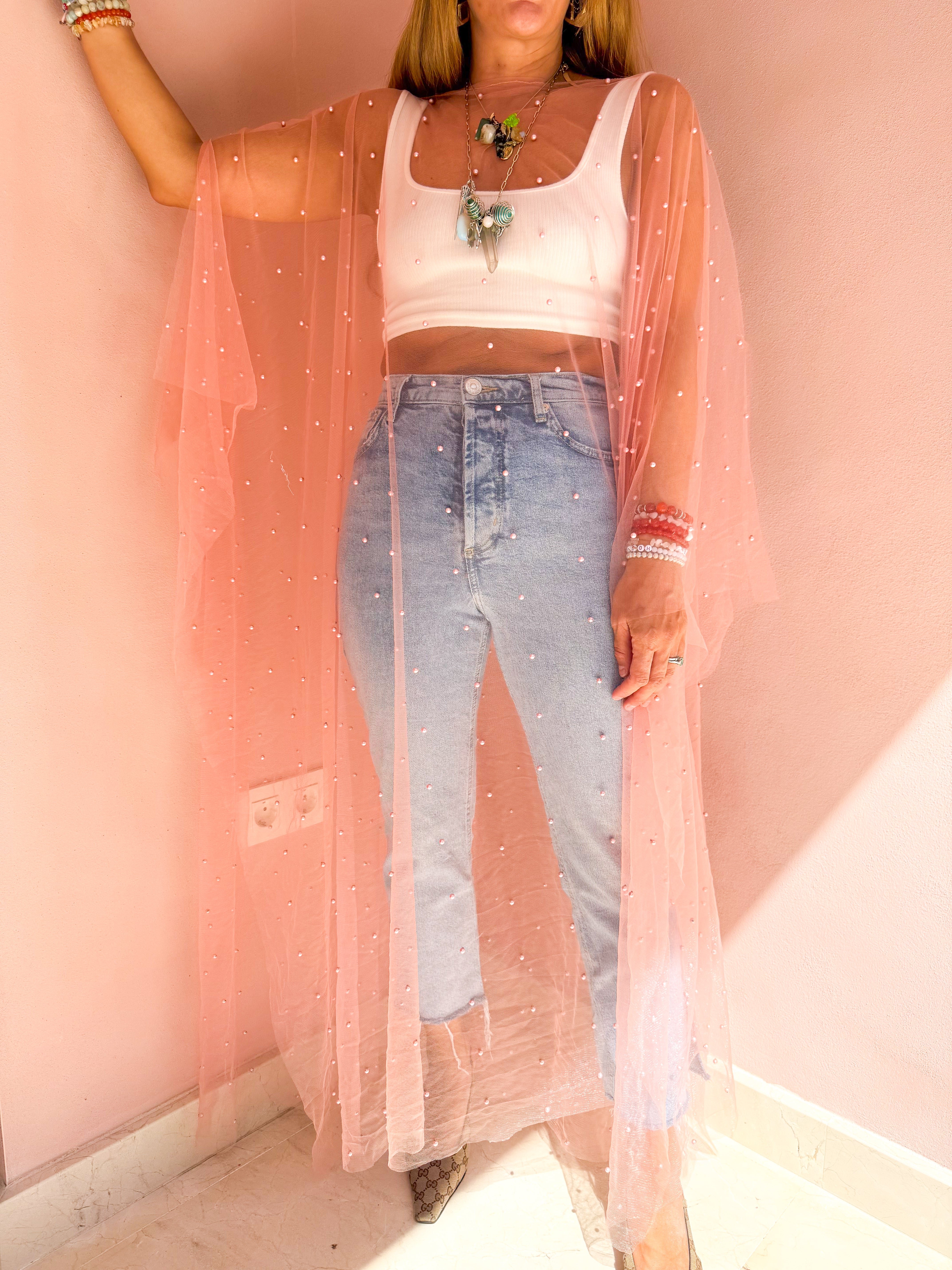 Tulle Vixen Pearl Mesh Kimono In Pale Pink