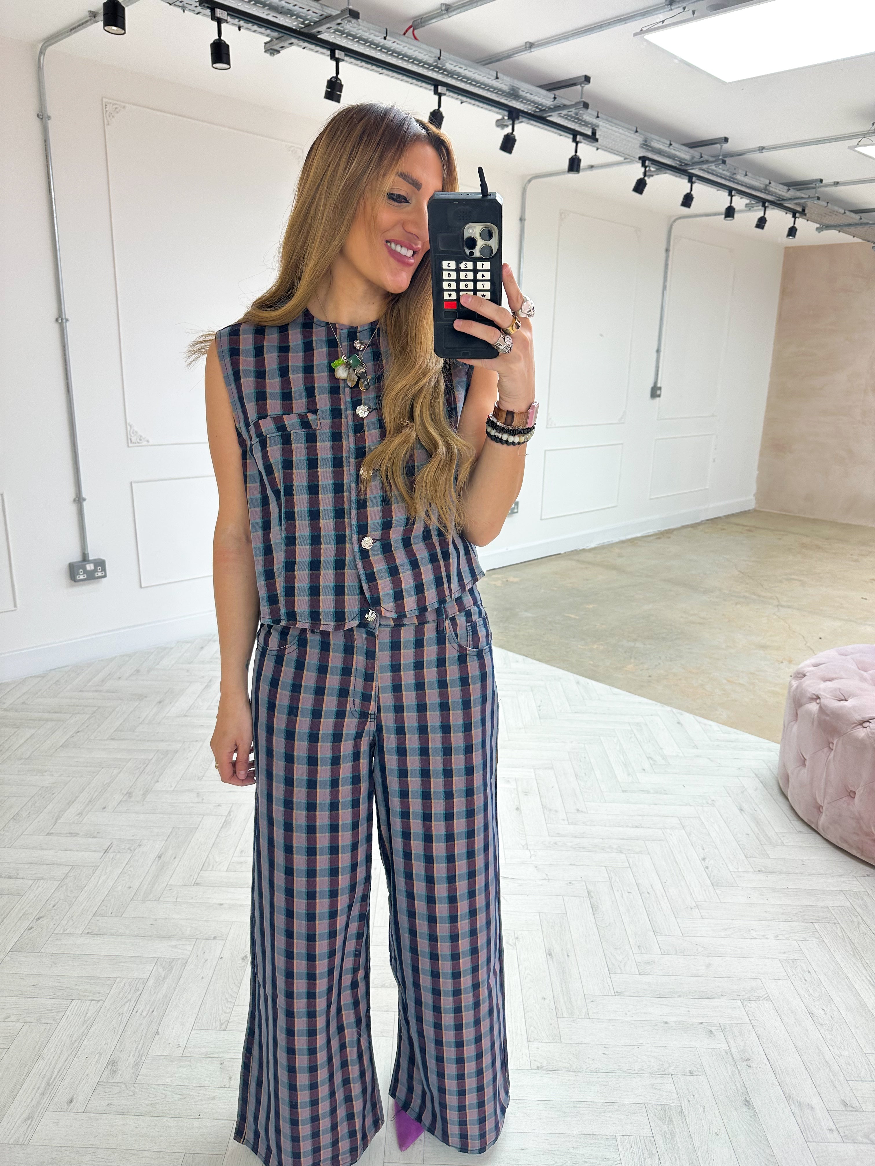 Waistcoat Style Top In Purple/Navy Check