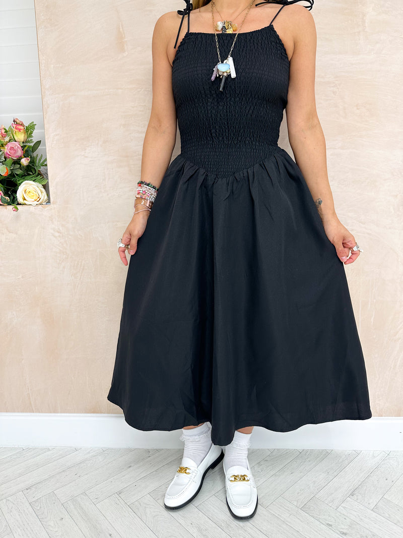 Cami Strap Shirring Dress in Black