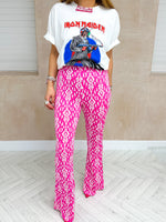 High Waisted Flared Trousers In Fuchsia Pink Baroque Print