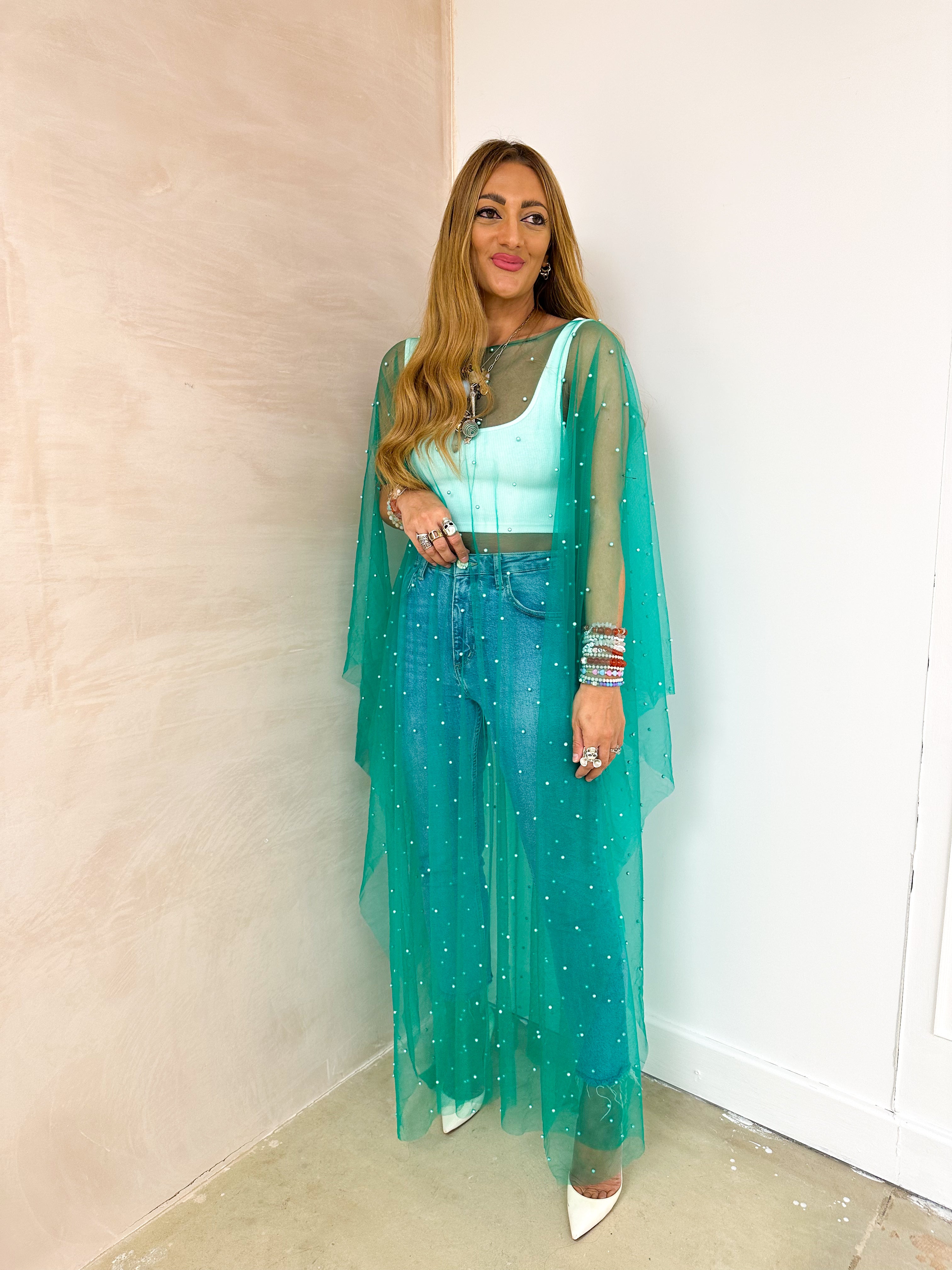 Tulle Vixen Pearl Mesh Kimono In Bright Green