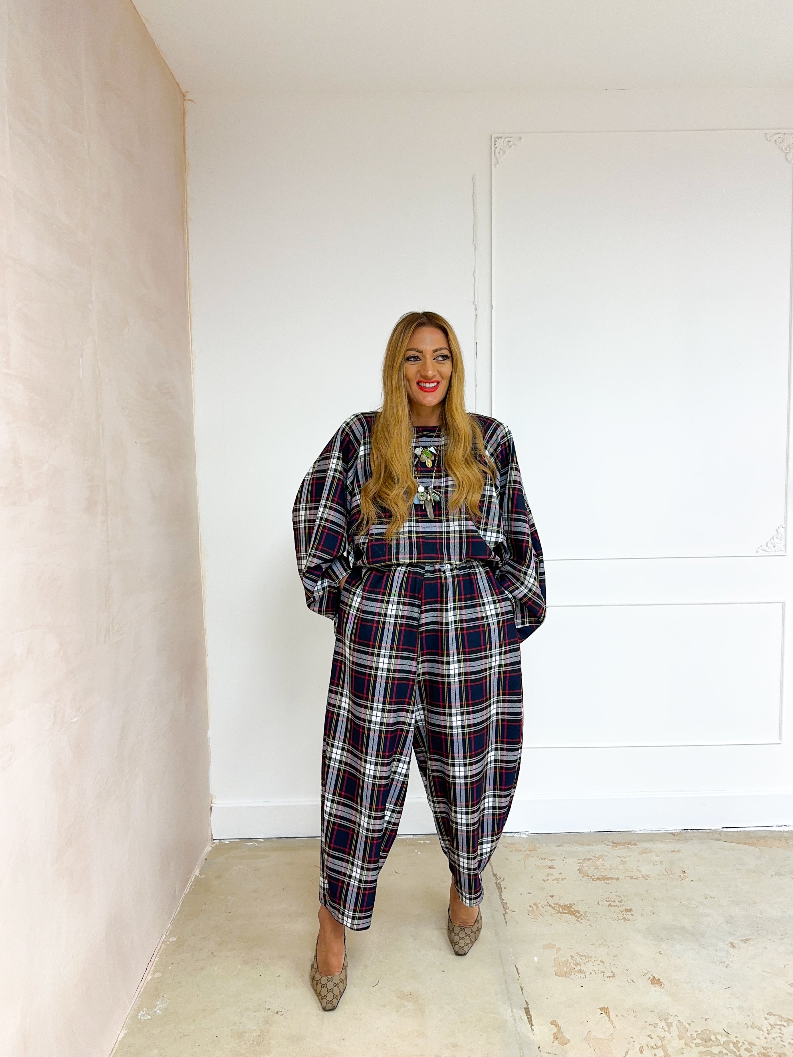 Muse Long Sleeve Floaty Top In Navy Tartan