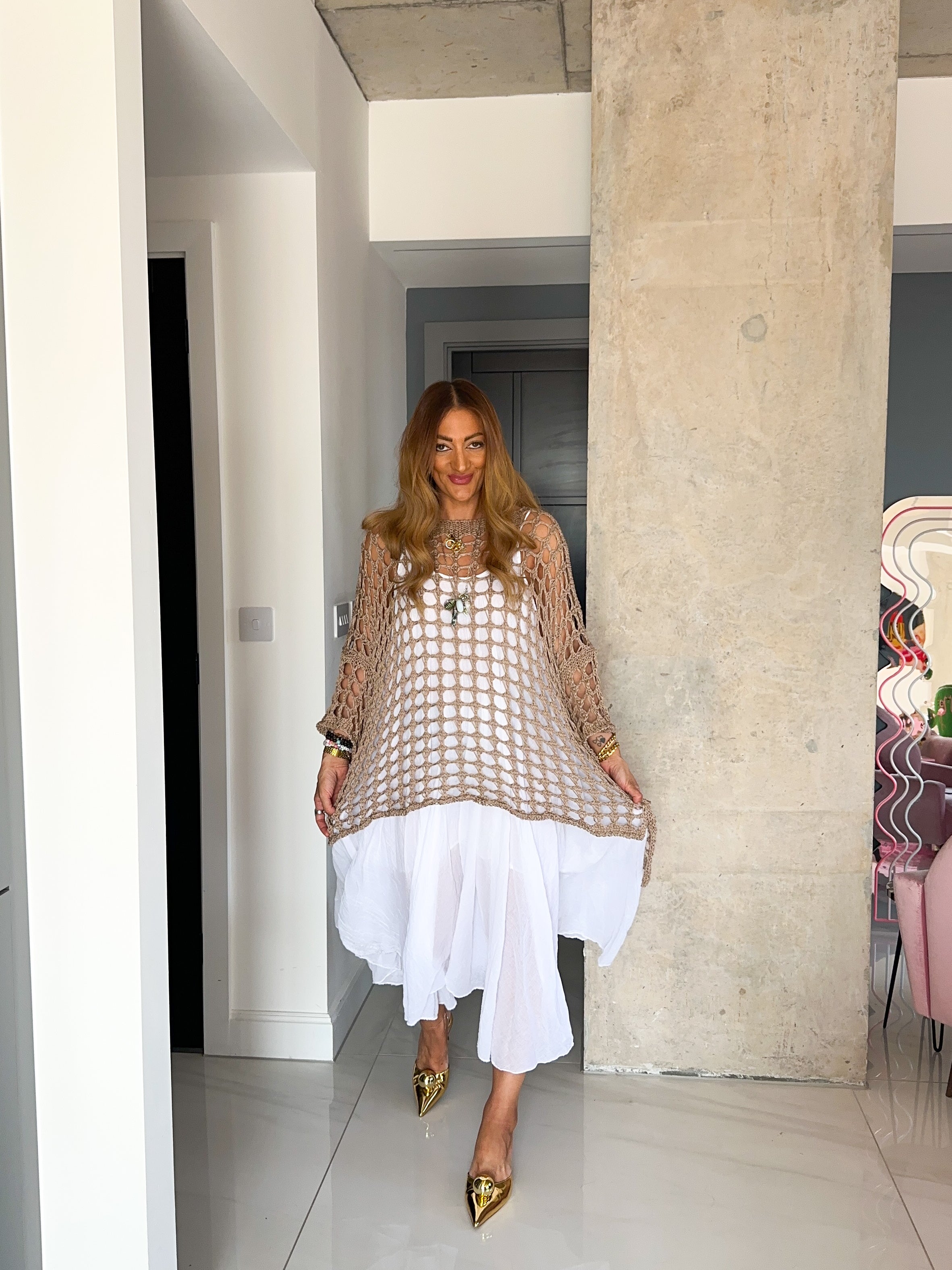 Loop Knit Oversized Sheer Jumper In Taupe