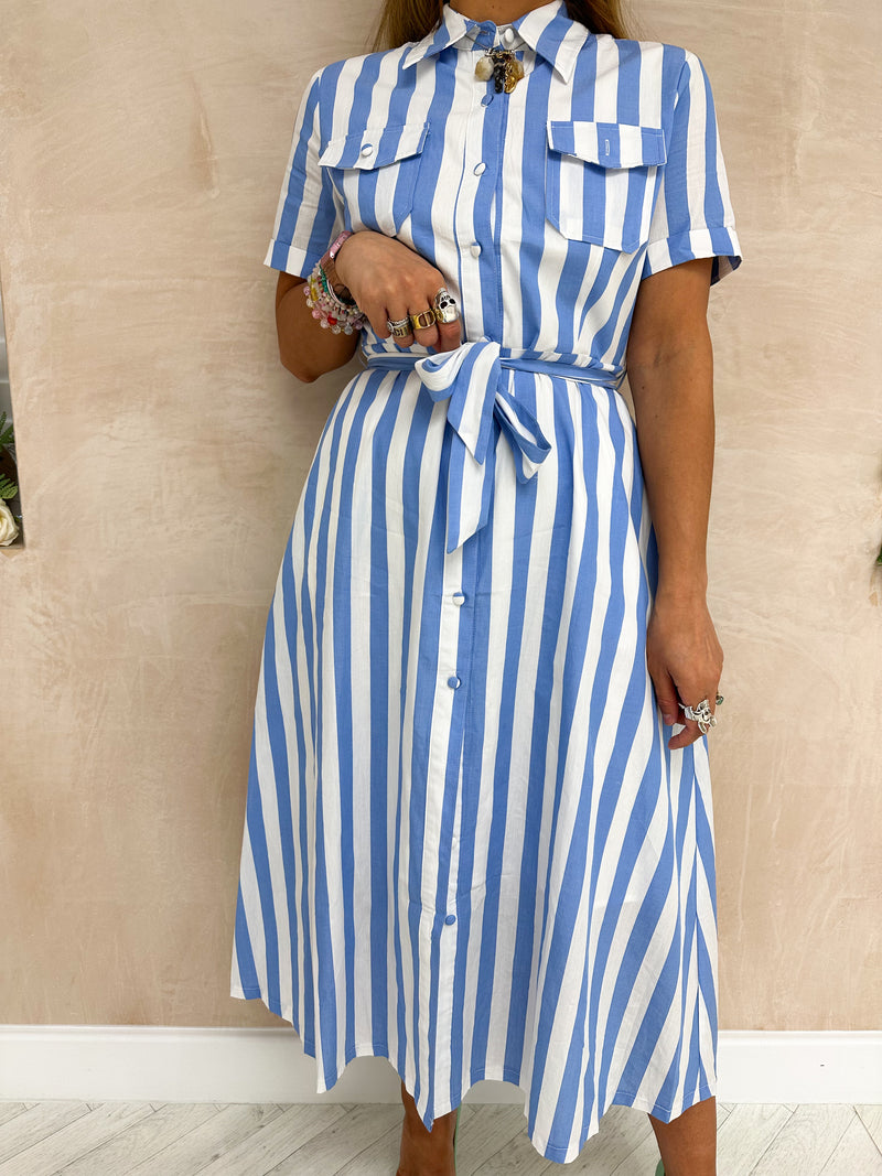 Shirt Midi Dress In Blue And White Stripe