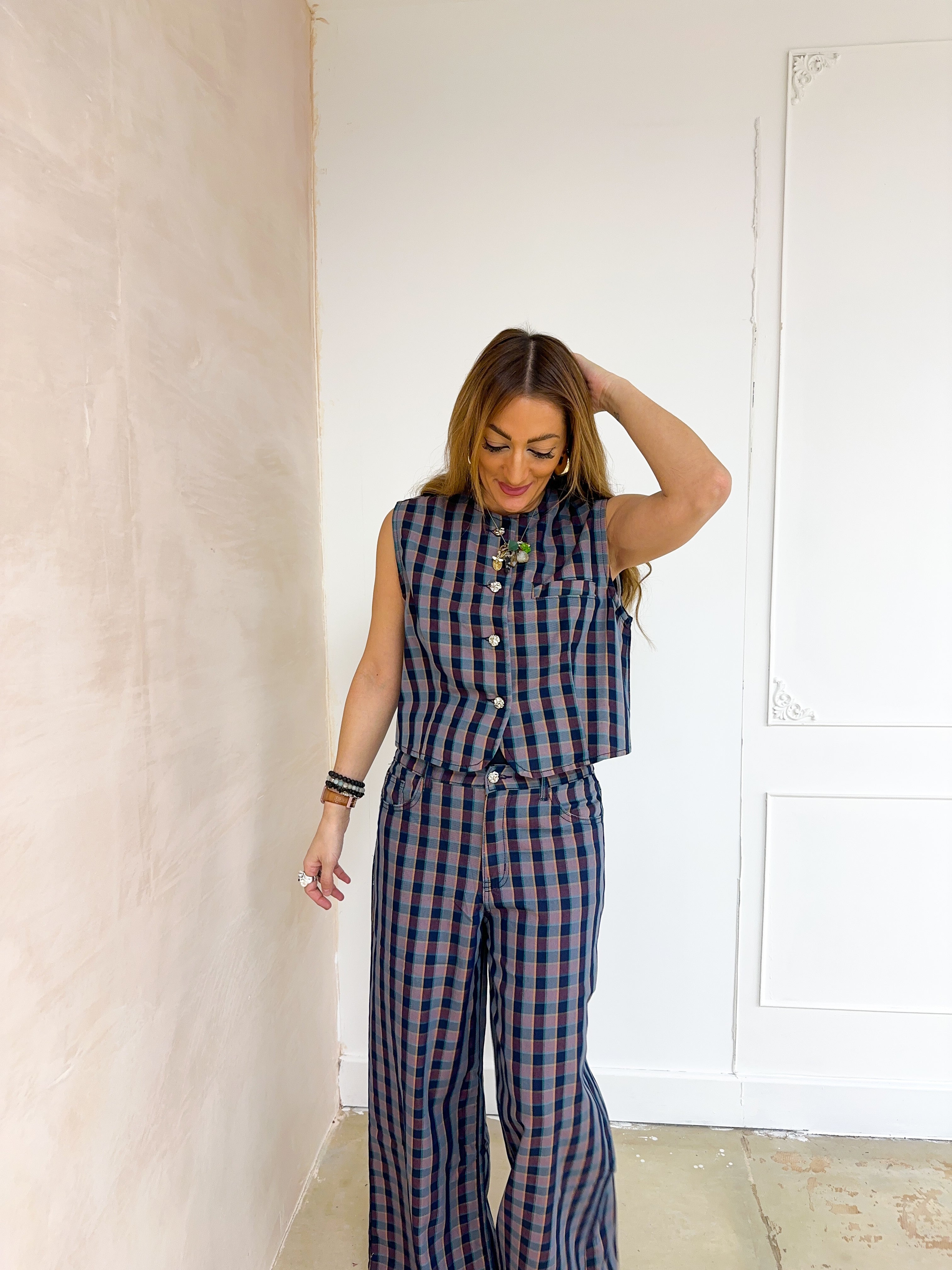 Waistcoat Style Top In Purple/Navy Check