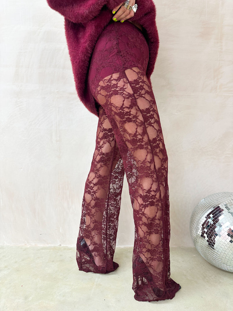 High Waisted Straight Leg Lace Trousers In Burgundy