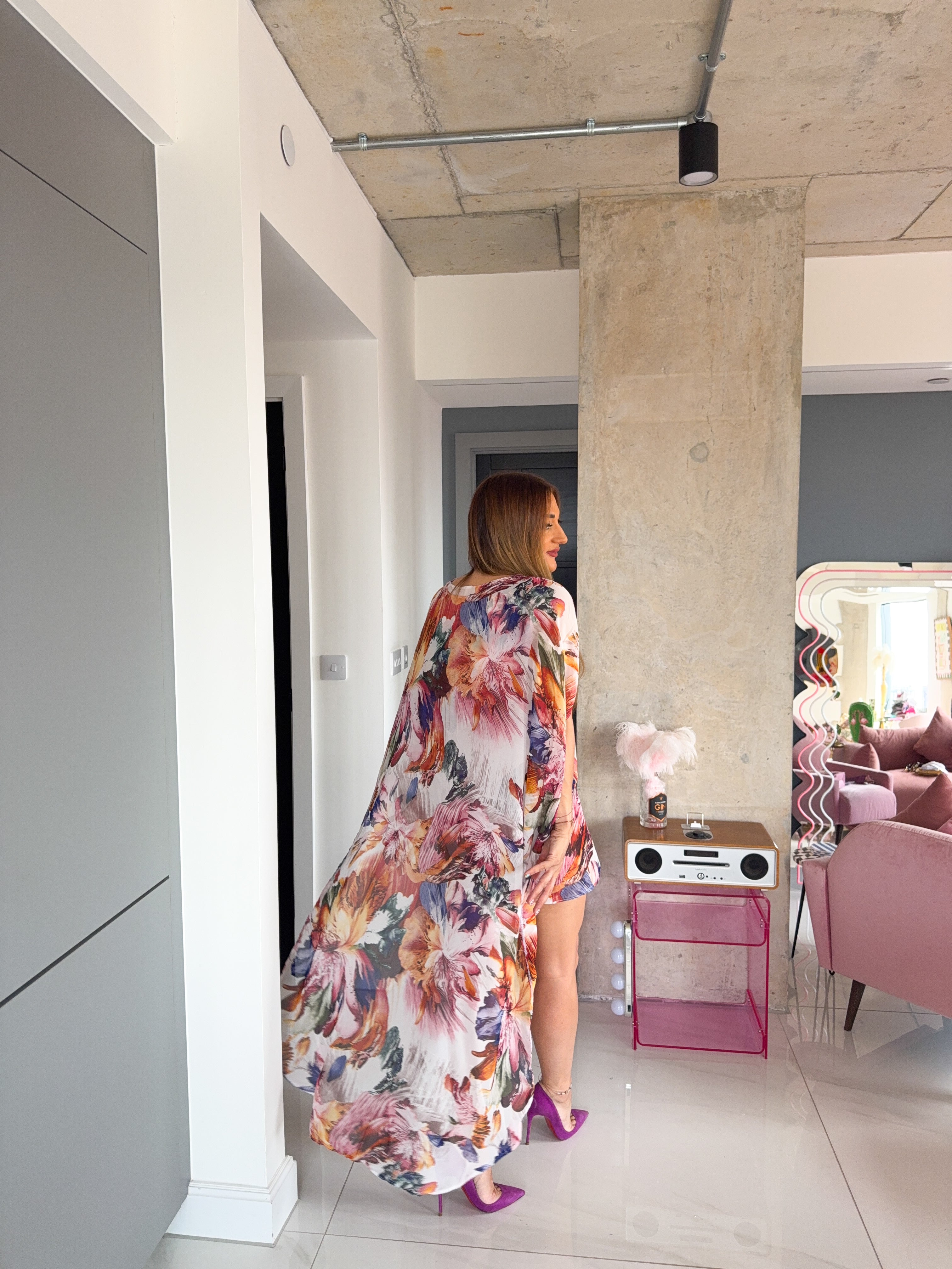 The Flora Chiffon Cape Dress In Floral Print