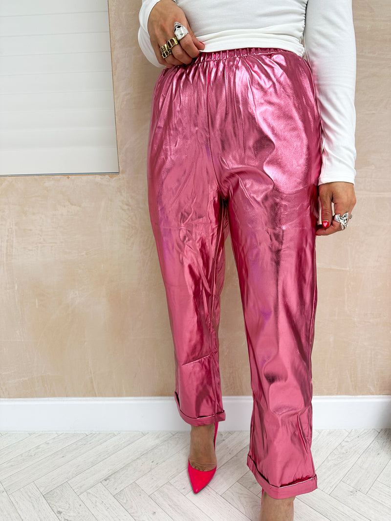 High Waisted Metallic Trousers In Pink