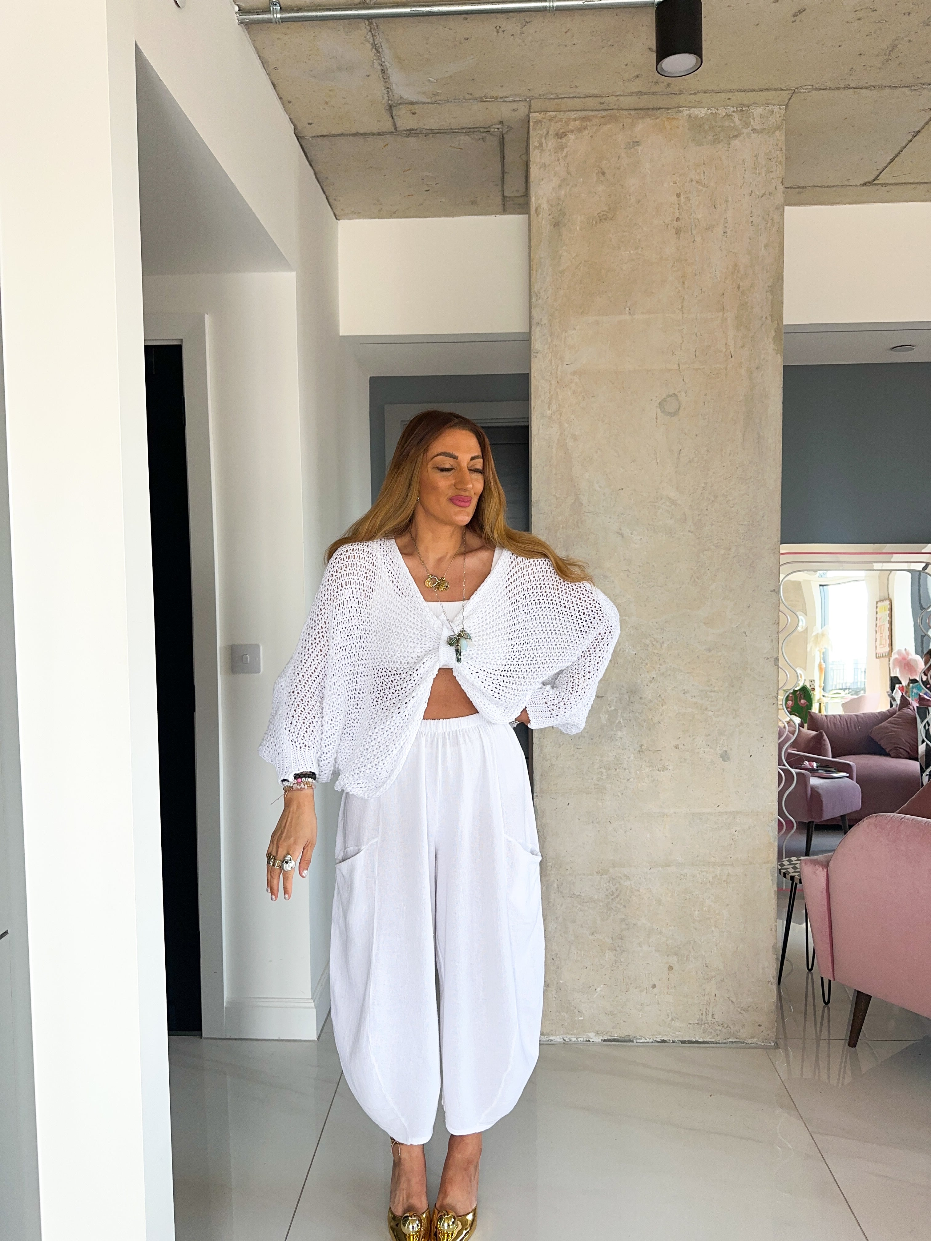 Linen Balloon Style Trousers In White