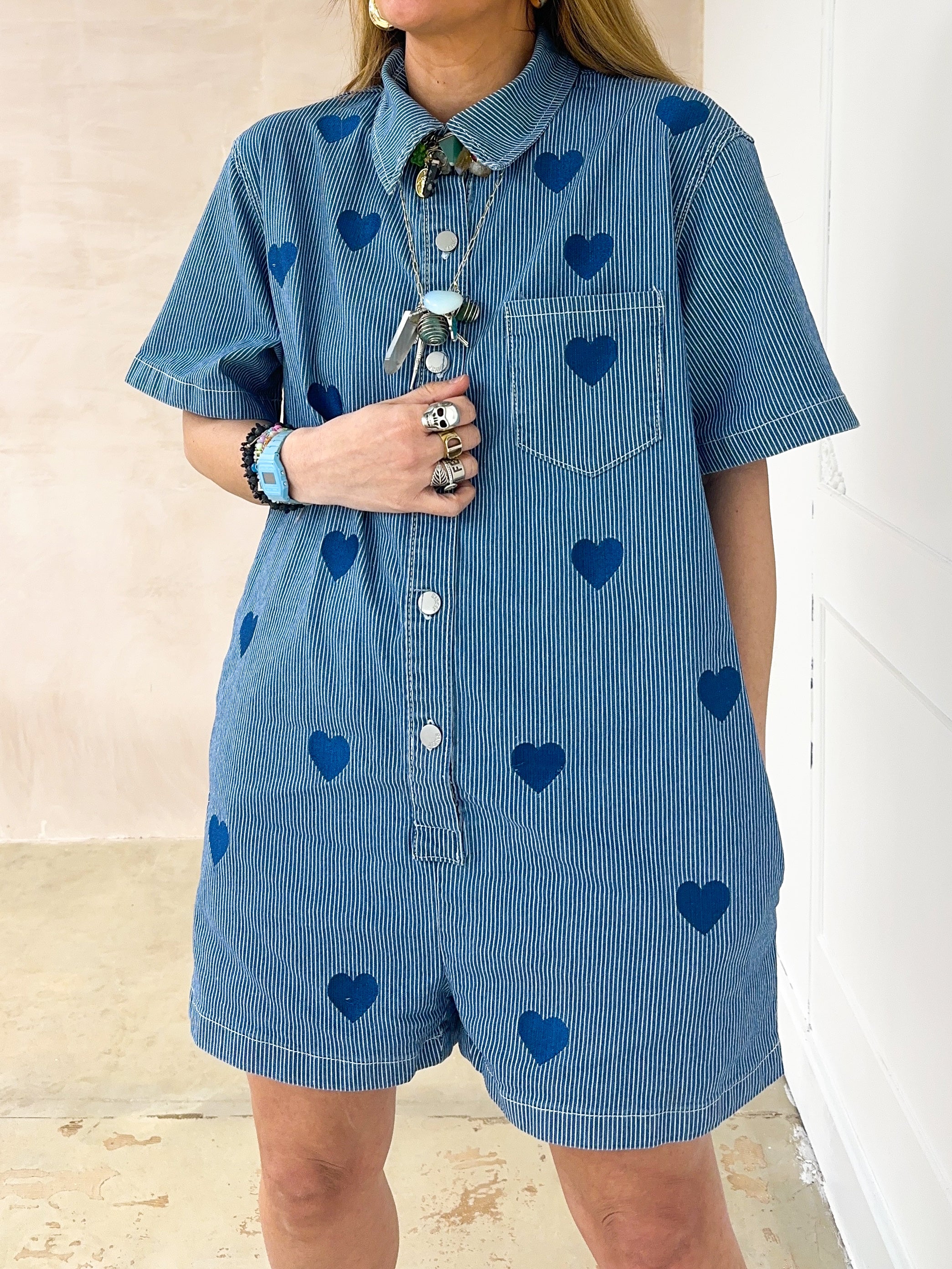Scattered Heart Playsuit In Blue Stripe Denim