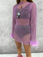 Sparkly Rhinestone Mesh Feather Cuff Mini Dress In Lilac