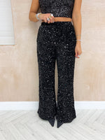High Waisted Wide Leg Sequin Trousers In Black