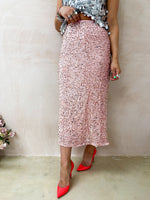 High Waisted Sequin Midi Skirt In Baby Pink