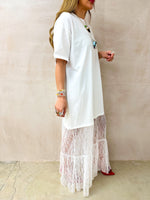 White T-Shirt Dress with Lace Hem Skirt