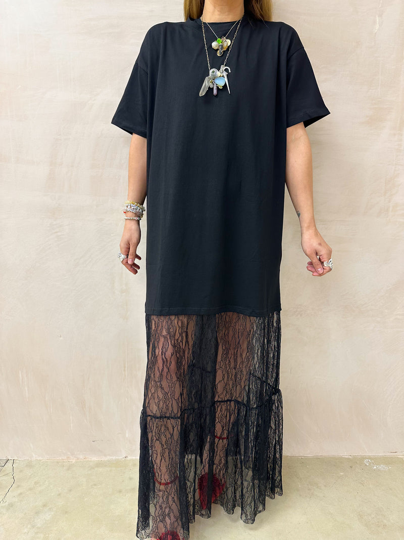 Black T-Shirt Dress With Lace Hem Skirt