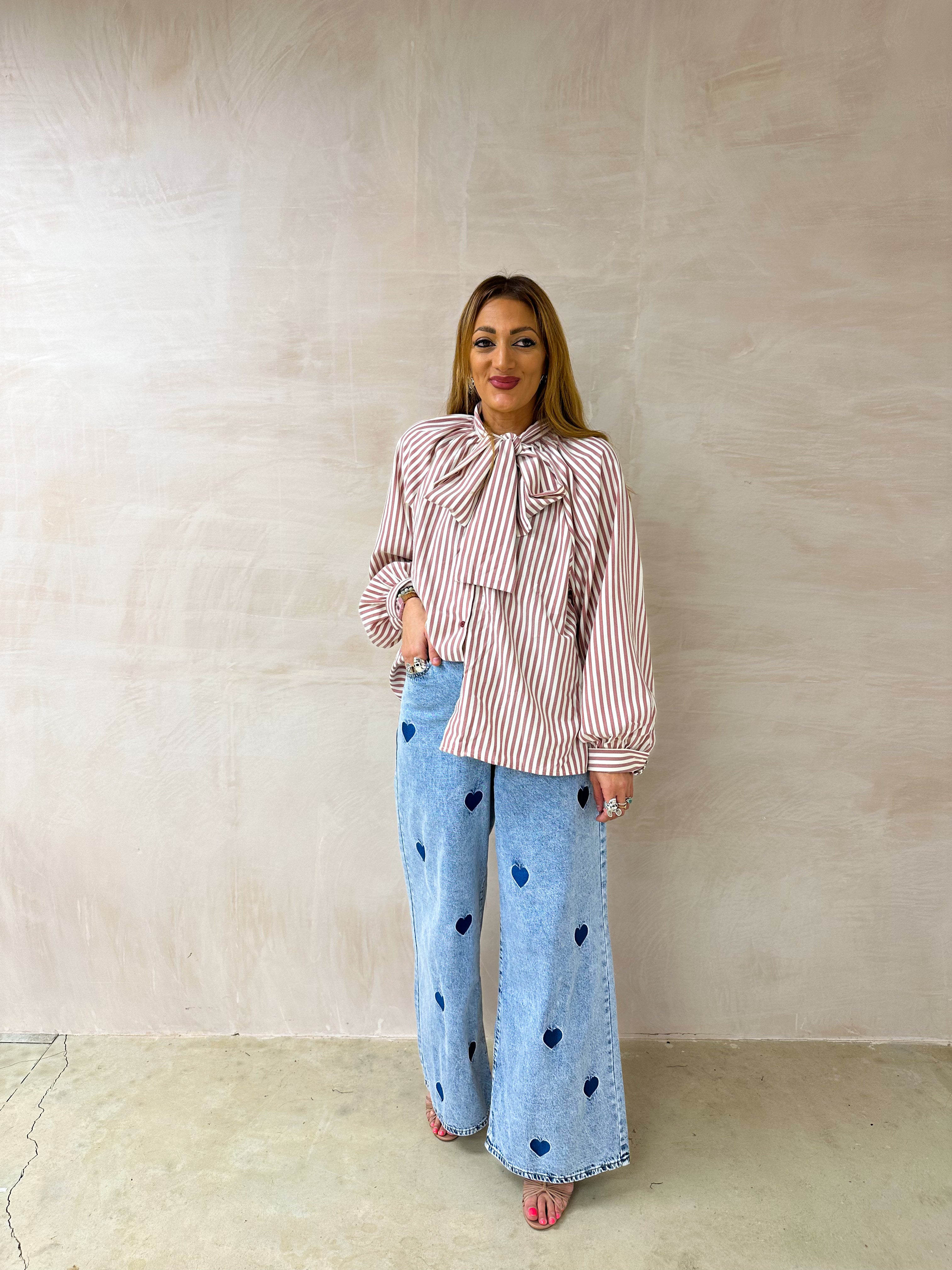 Stripe Bow Front Shirt In Red And Cream