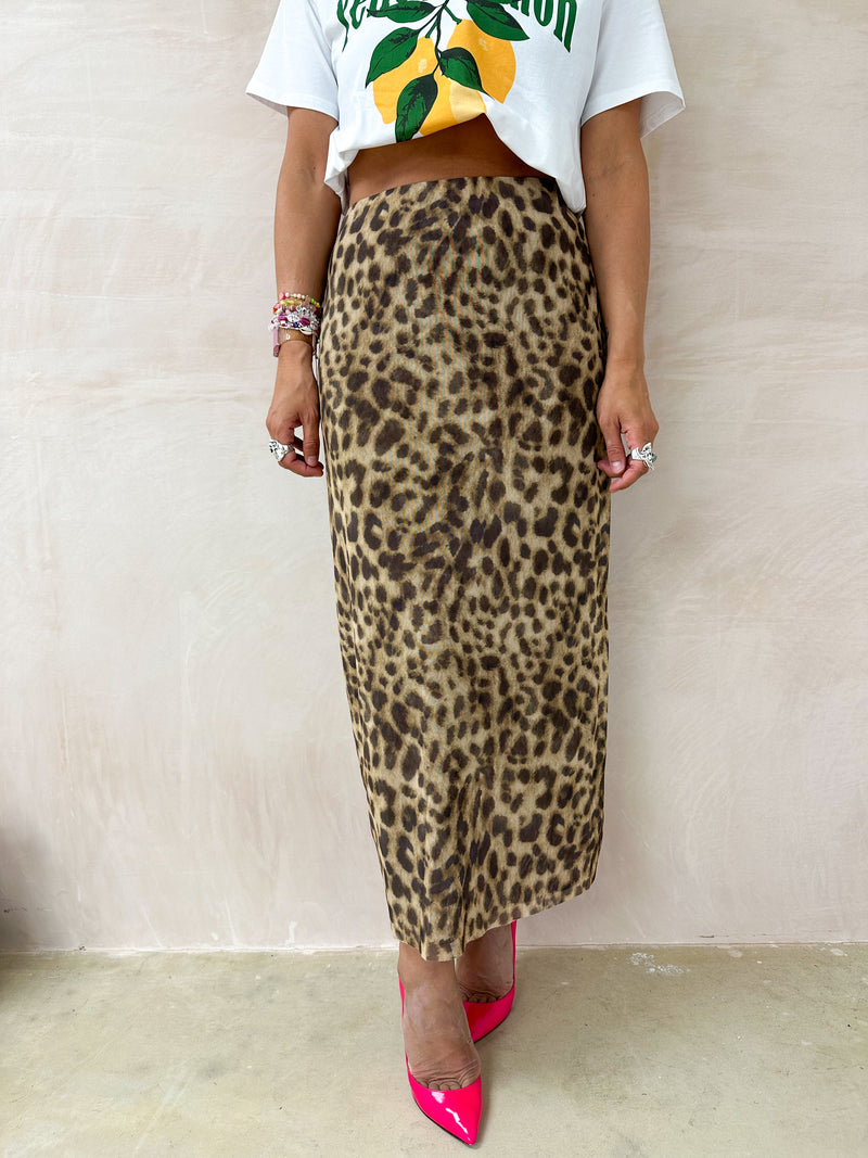 Mesh Detail Midi Skirt In Leopard Print