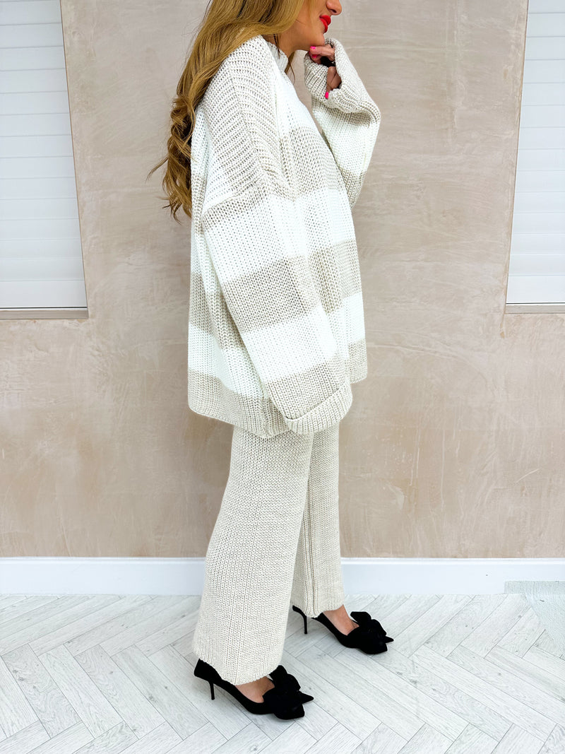 Knitted Loungewear Set In Beige And White Stripe