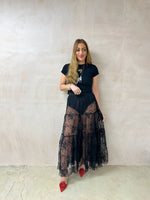 Full Circle Sheer Lace Midi Skirt In Black