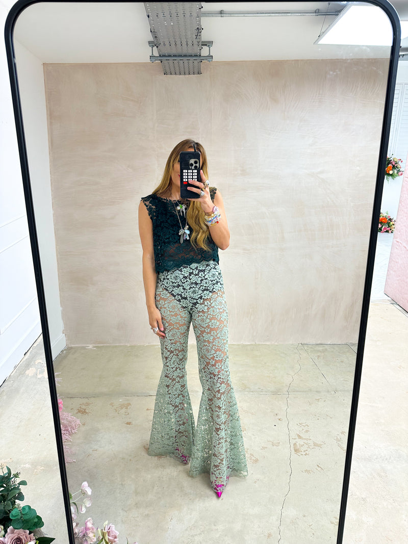 Fairytale Lace Extreme Flare Trousers In Sage Green