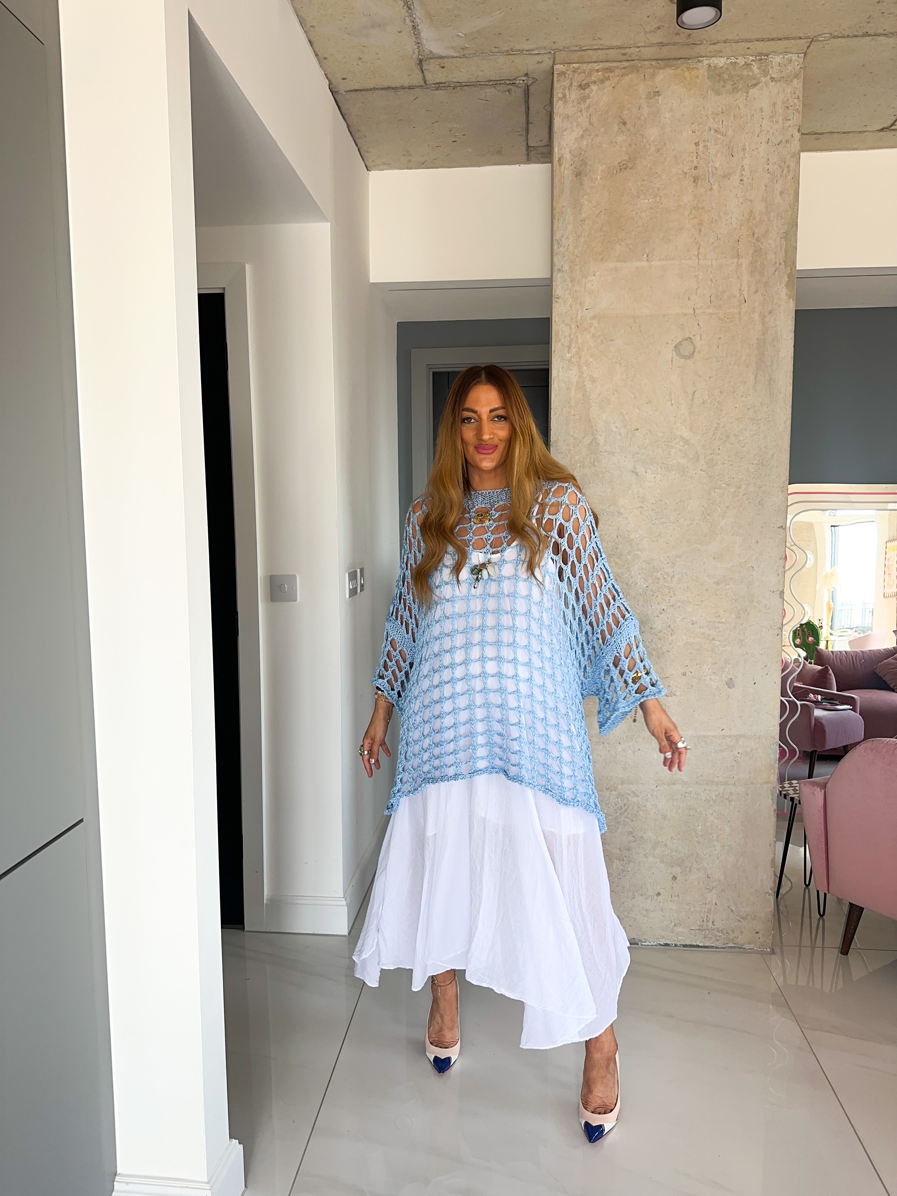 Loop Knit Oversized Sheer Jumper In Candy Blue