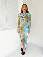 Mesh Ruched Side Midi Dress In Multi Coloured Swirl Print