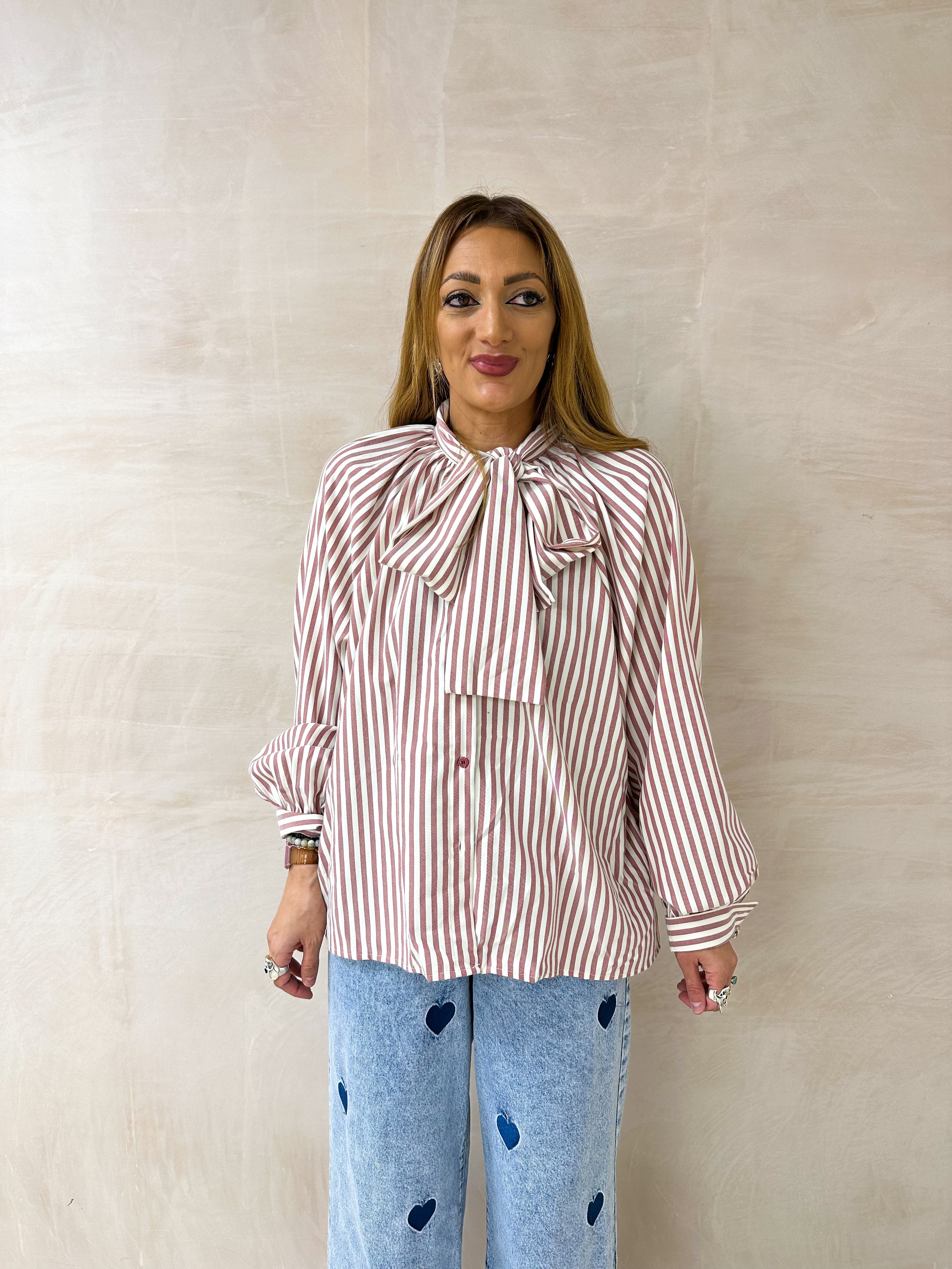 Stripe Bow Front Shirt In Red And Cream