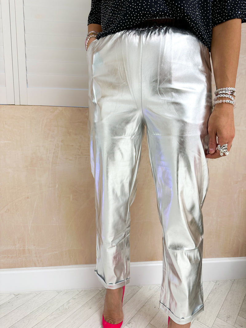 High Waisted Trousers In Silver Metallic