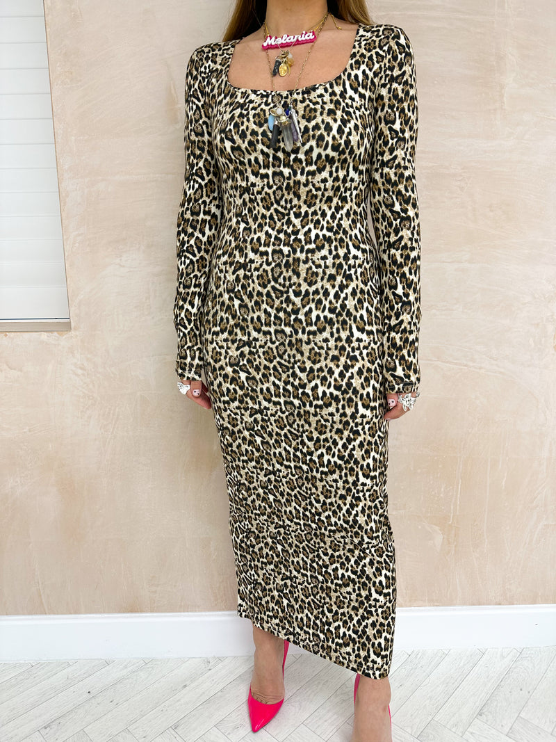 Long Sleeve Jersey Midi Dress In Leopard Print