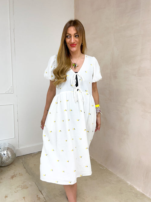 Scattered Lemon Print Midi Dress In White