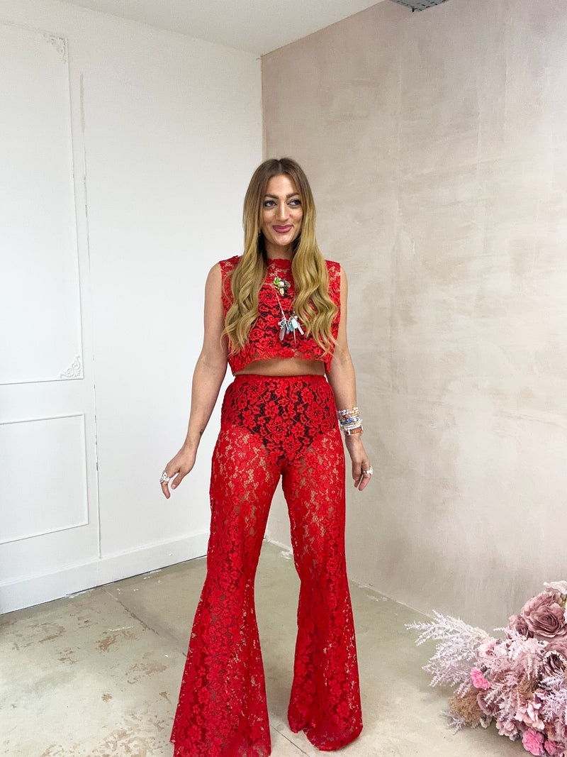 Fairytale Lace Extreme Flare Trousers In Red