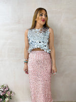 High Waisted Sequin Midi Skirt In Baby Pink