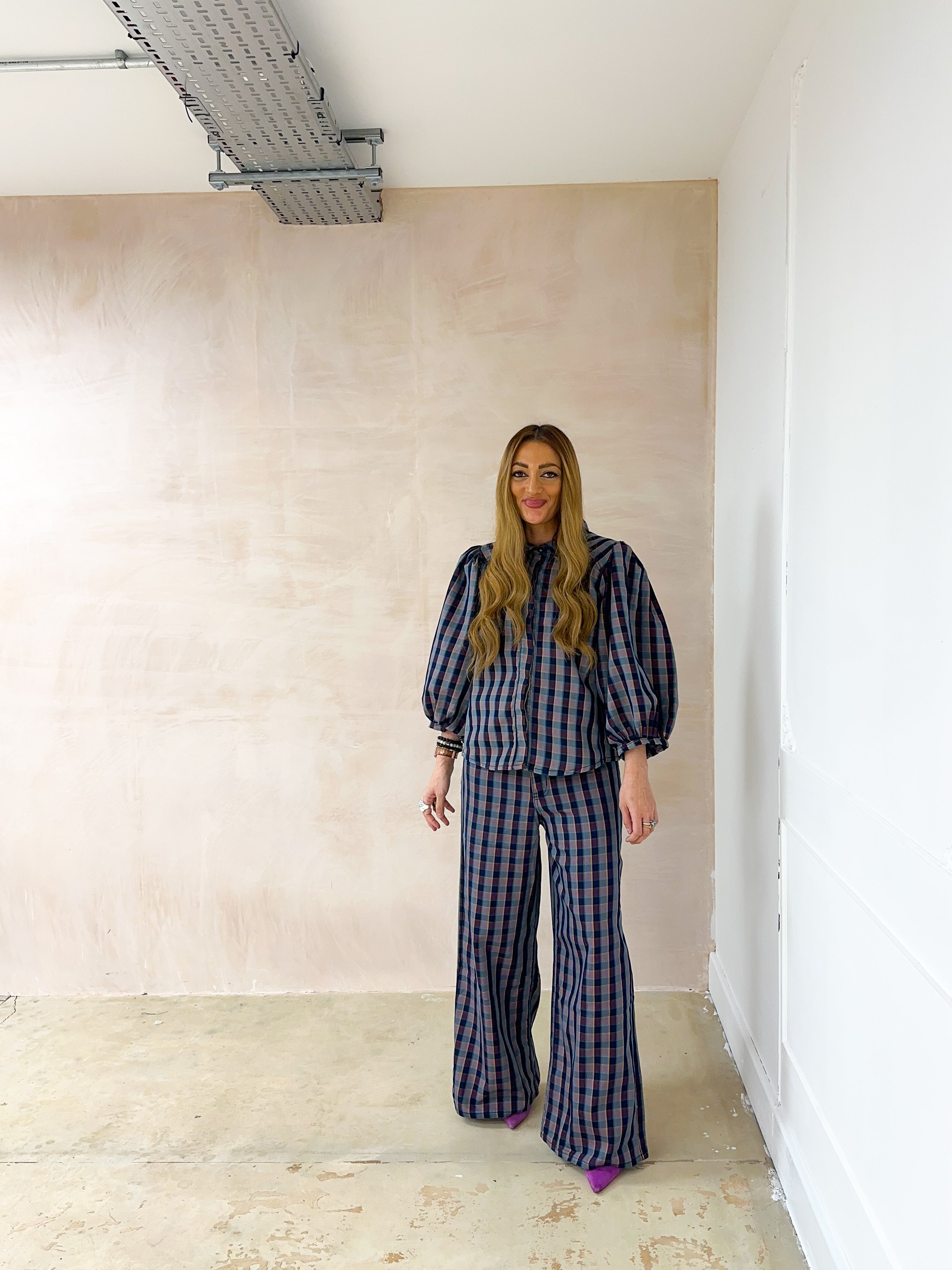 Puff Sleeve Check Shirt In Purple/Navy