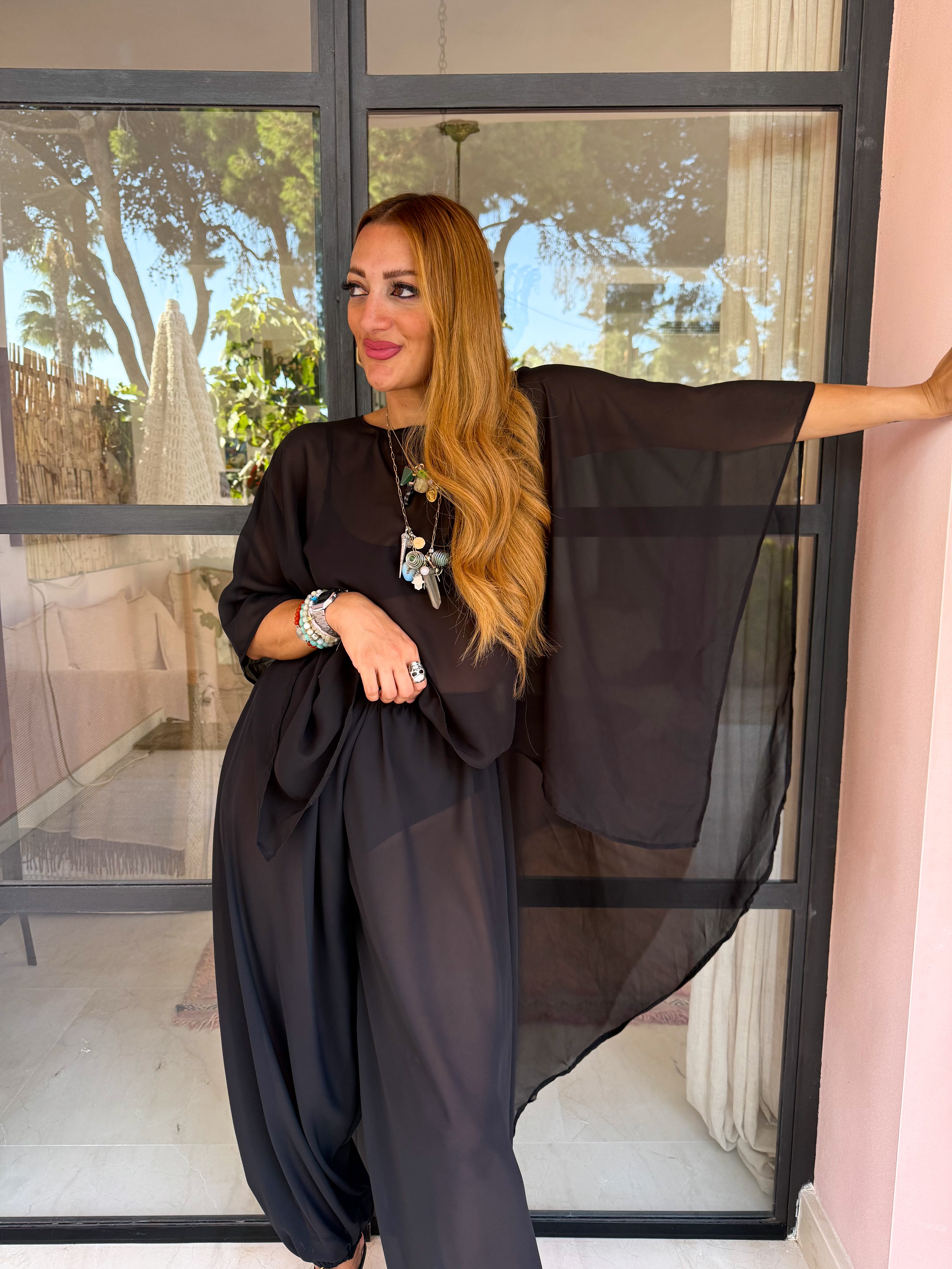 The Jasmine Chiffon Cape Top In Black