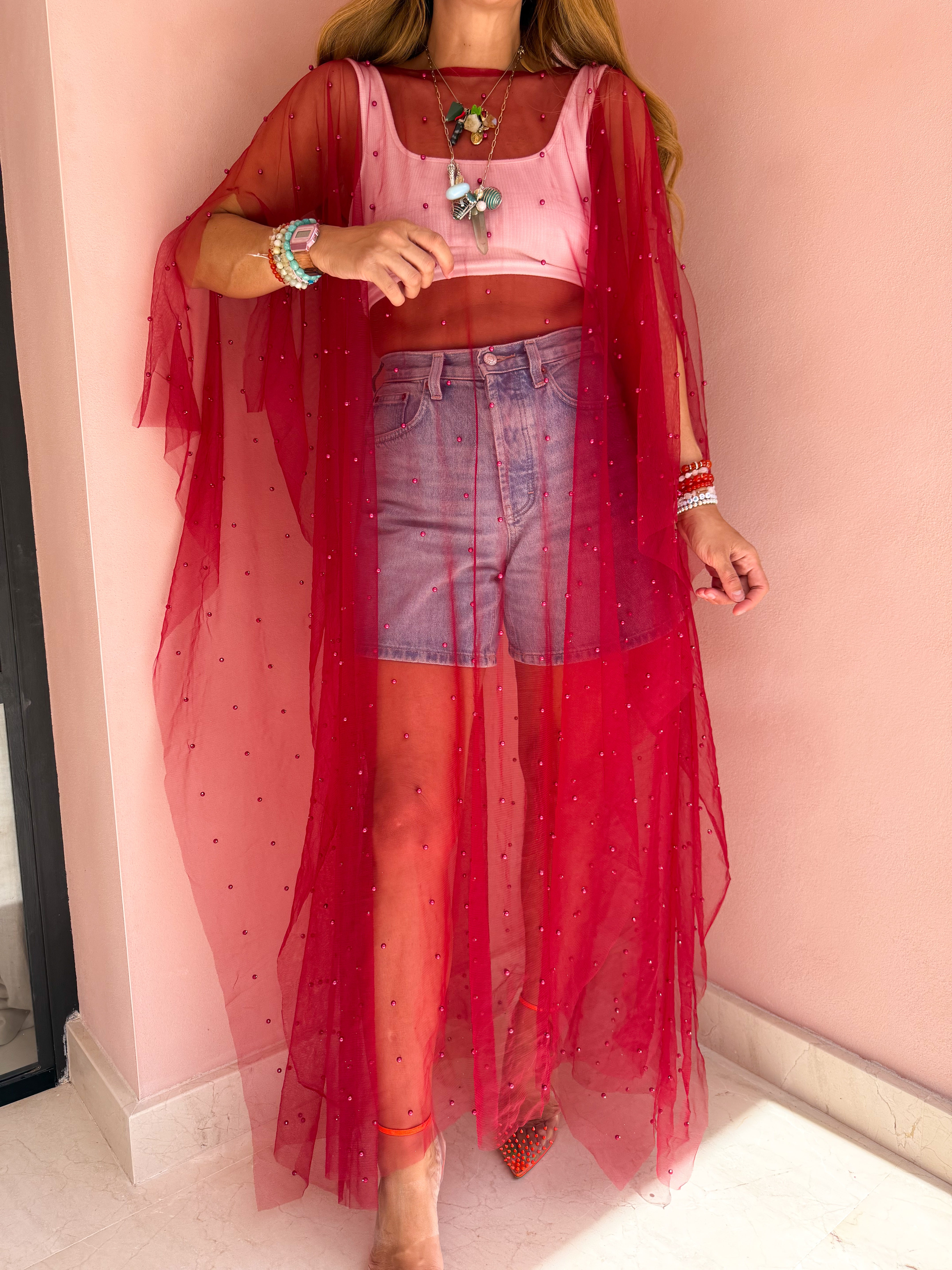 Tulle Vixen Pearl Mesh Kimono In Red