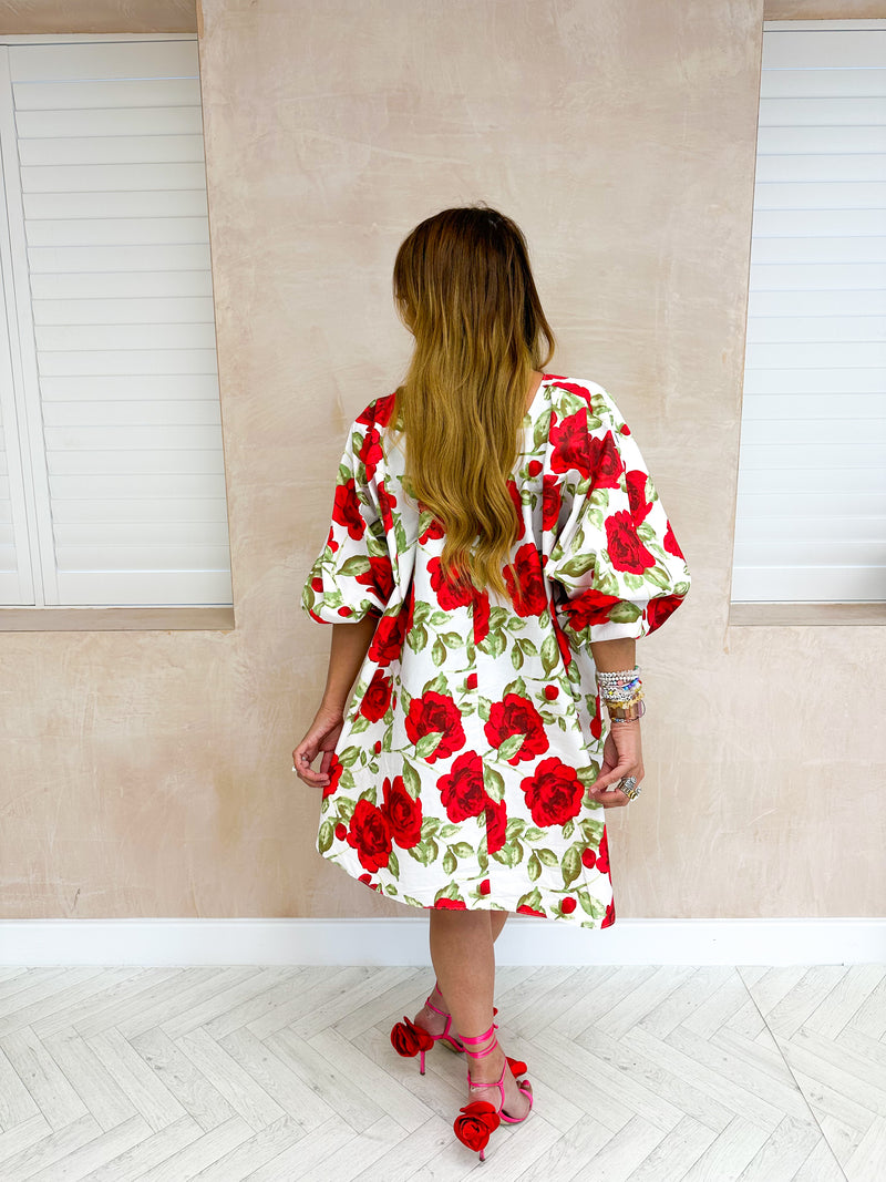 The Juliet Puff Sleeve Swing Dress In Red Rose