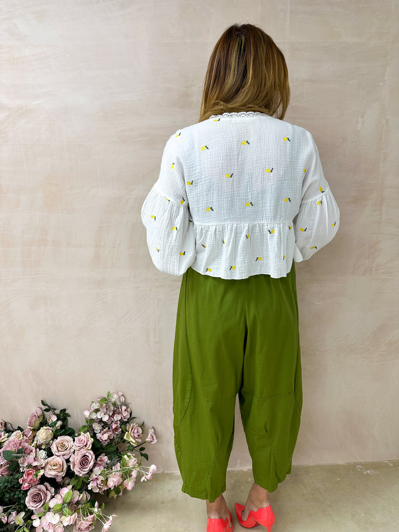 Crochet Hem Lemon Embroidered Swing Shirt In White