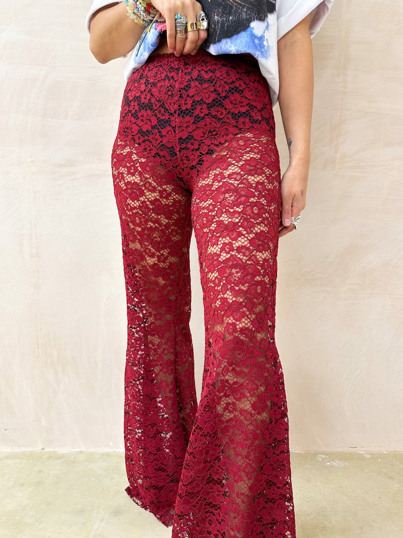 Fairytale Lace Extreme Flare Trousers In Burgundy