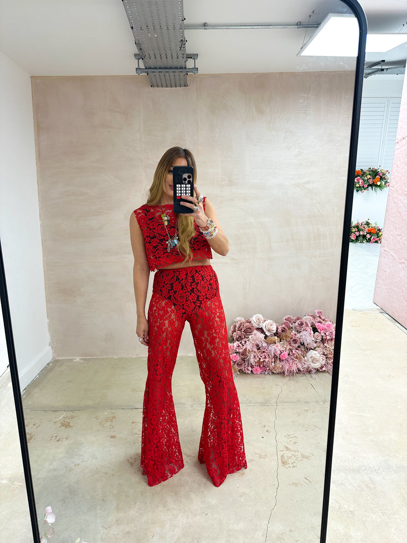 Fairytale Lace Extreme Flare Trousers In Red