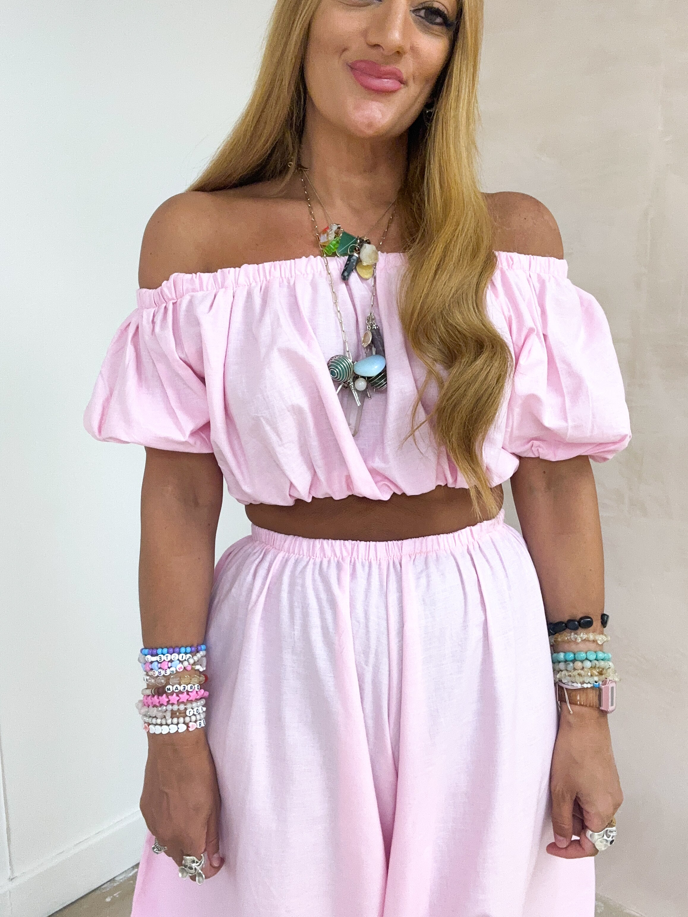 The Aladdin Puff Sleeve Bardot Top In Pink