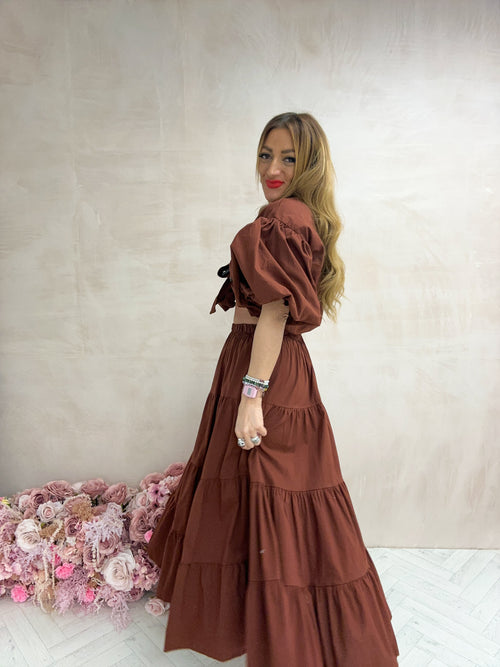 Tiered Floaty Full Midi Skirt In Chocolate