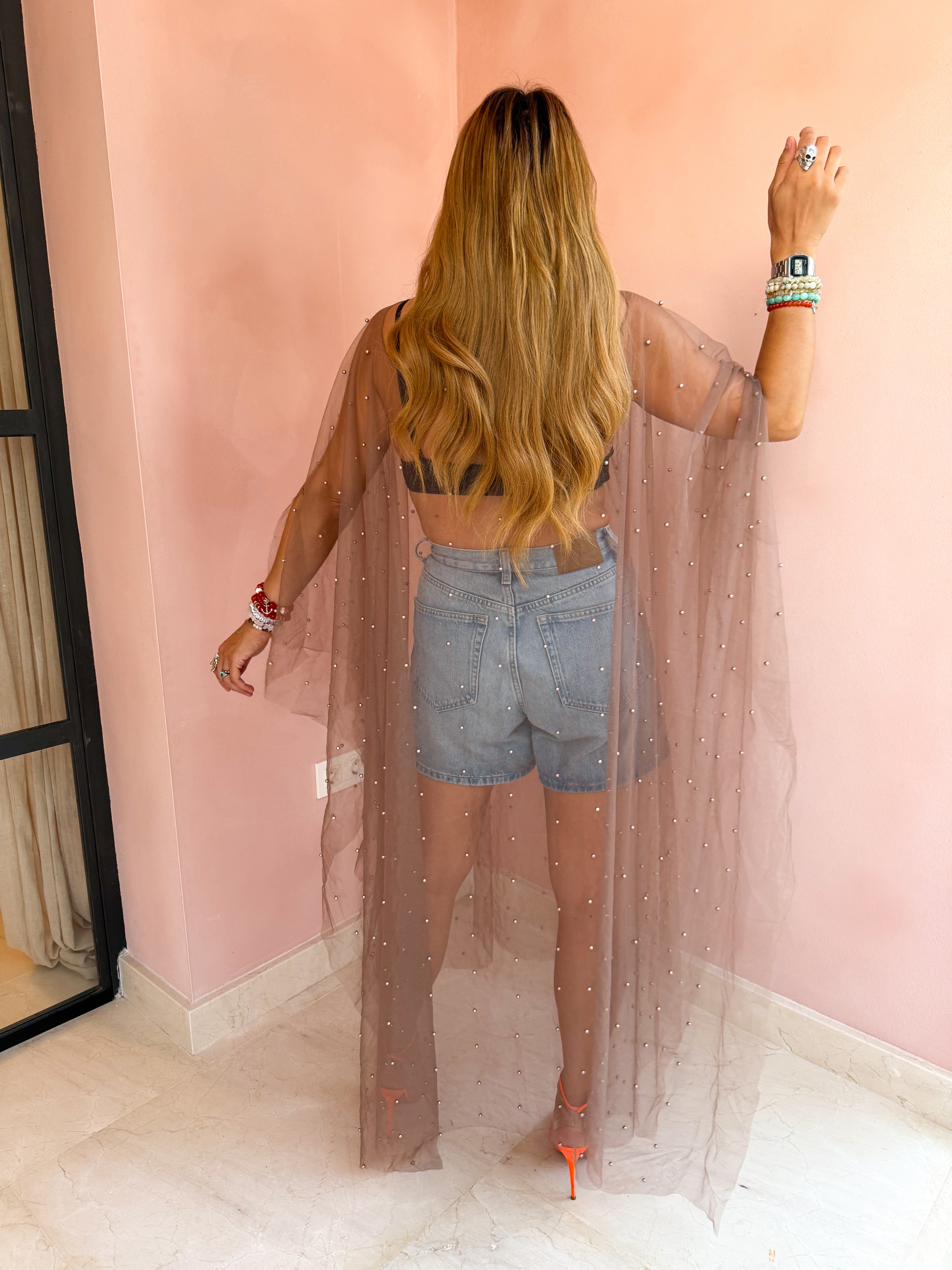 Tulle Vixen Pearl Mesh Kimono In Latte