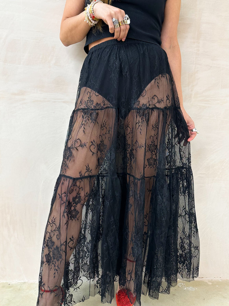 Full Circle Sheer Lace Midi Skirt In Black