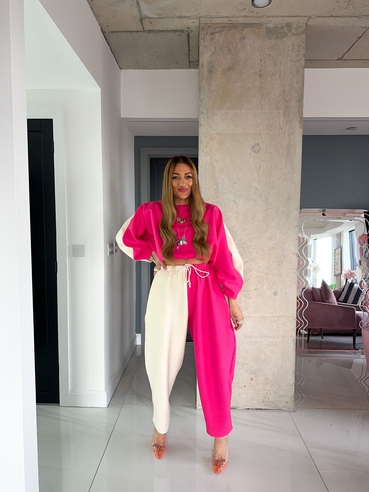 Core Collection Sweatshirt Jumper In Pink/Cream Contrast