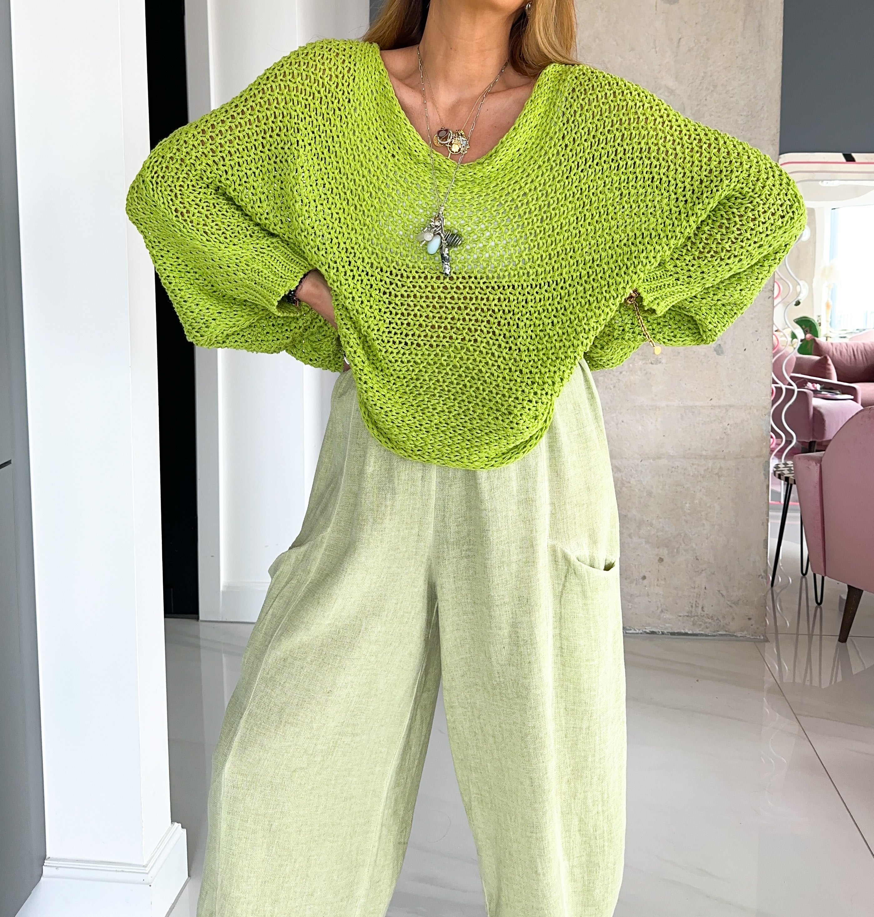 Loop Knit Knot Front Jumper In Green
