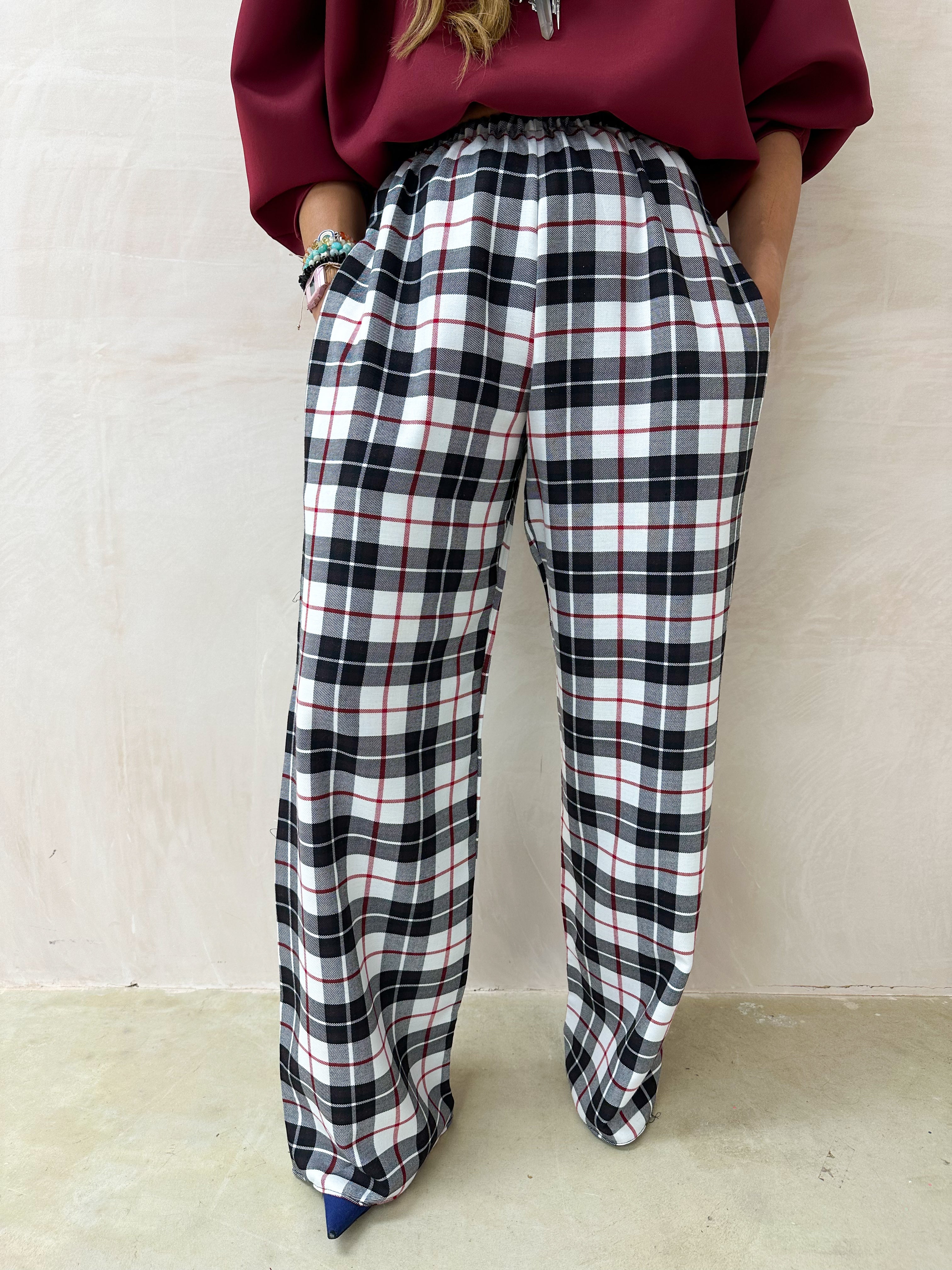 Muse Wide Leg Trousers In White Tartan