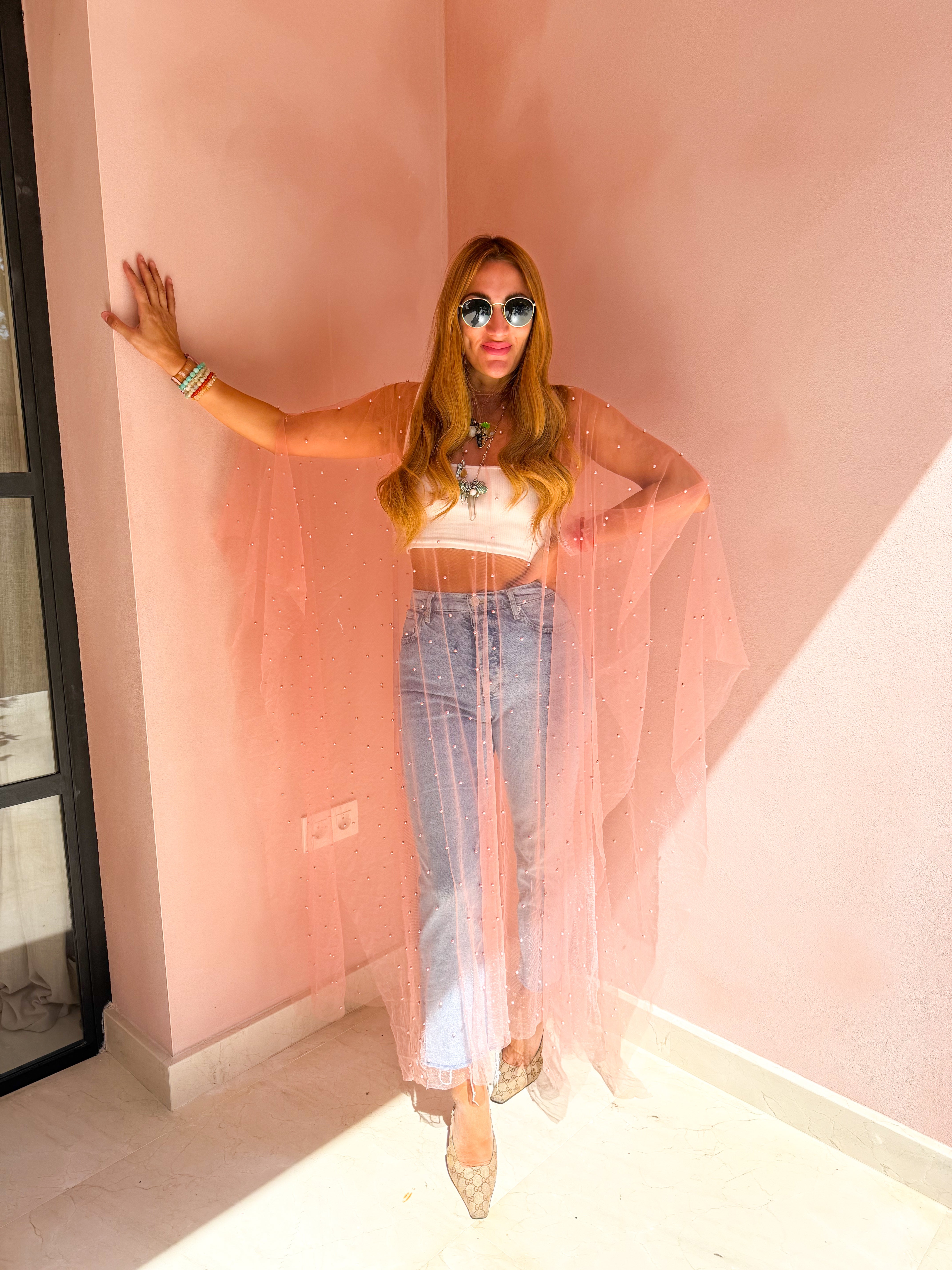 Tulle Vixen Pearl Mesh Kimono In Pale Pink