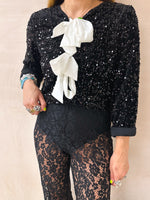 Bow Detail Sequin Jumper/Cardigan In Black