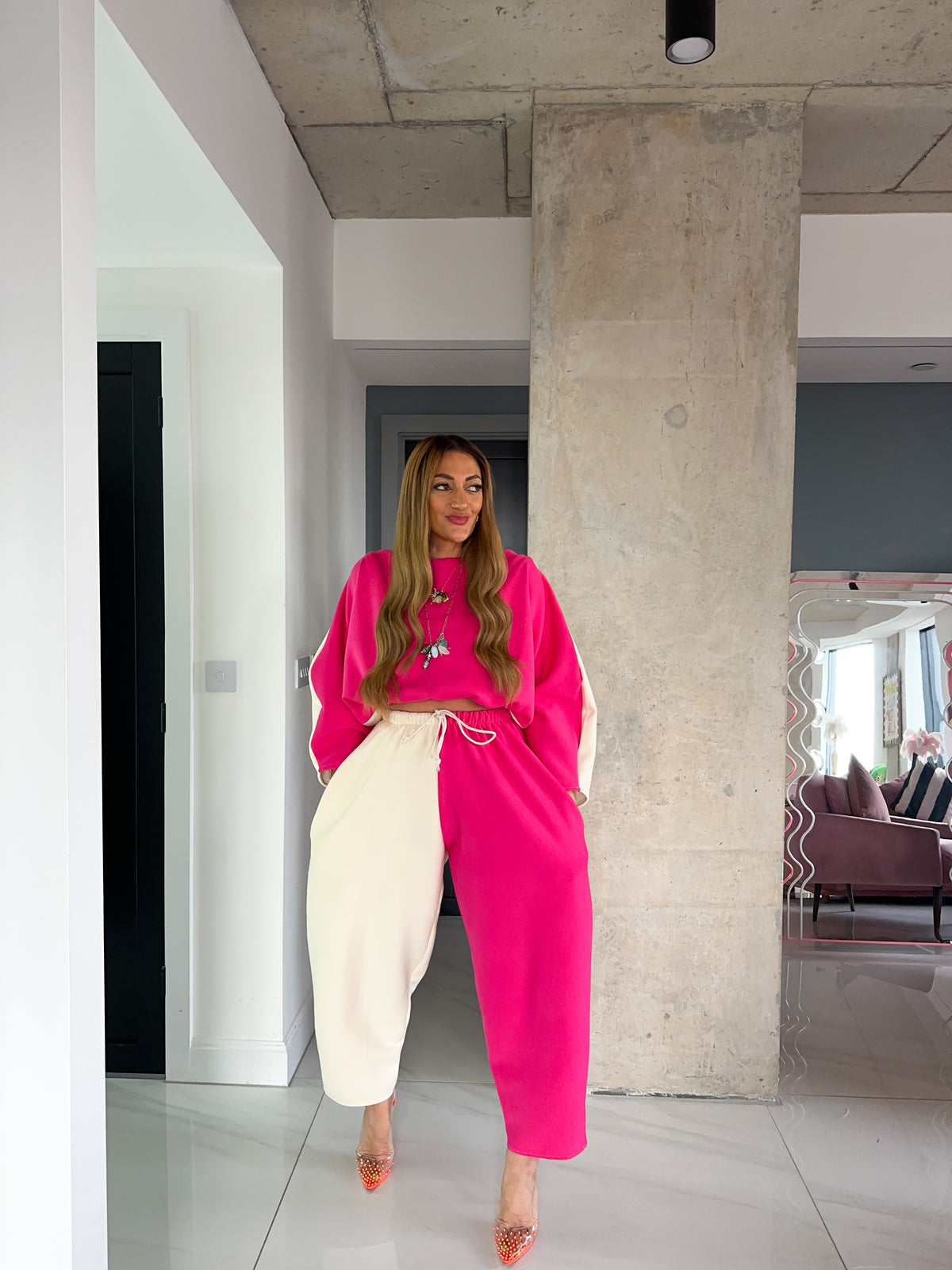 Core Collection Contrast Balloon Trousers In Pink/Cream